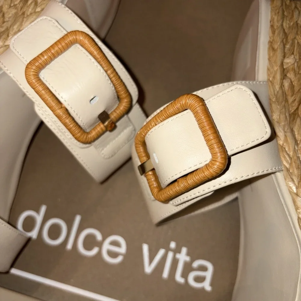 NIB $130 Dolce Vita 9.5 Thorin Ivory Leather Sandals Platform Wedge Slip On
